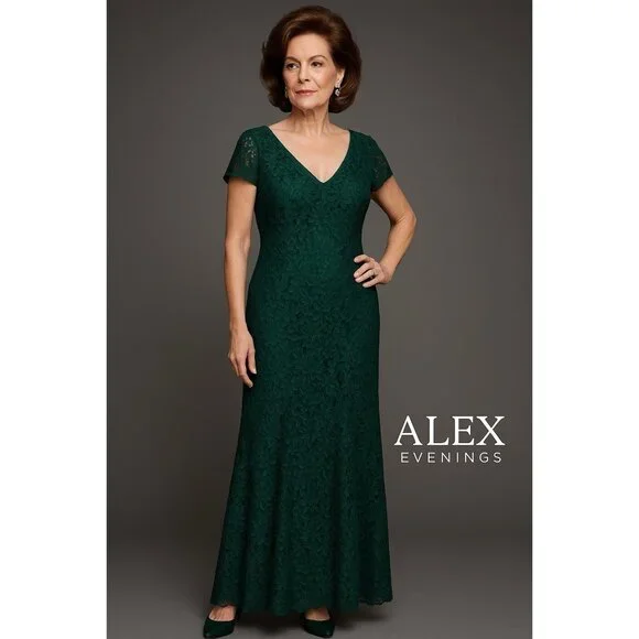ALEX EVENINGS maxi formal dress lace emerald green party evening cocktail 14